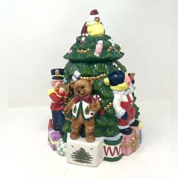 Spode Christmas Tree Hand Painted Cookie Jar NIB “Toys Around The Tree” - Picture 3 of 7